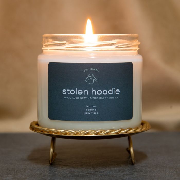 a candle with a label reading 