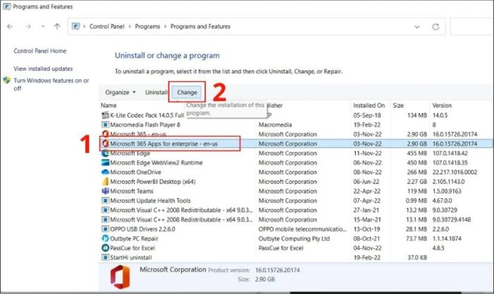 Tìm Microsoft Office và nhấn vào Change để khắc phục tình trạng Excel mở chậm