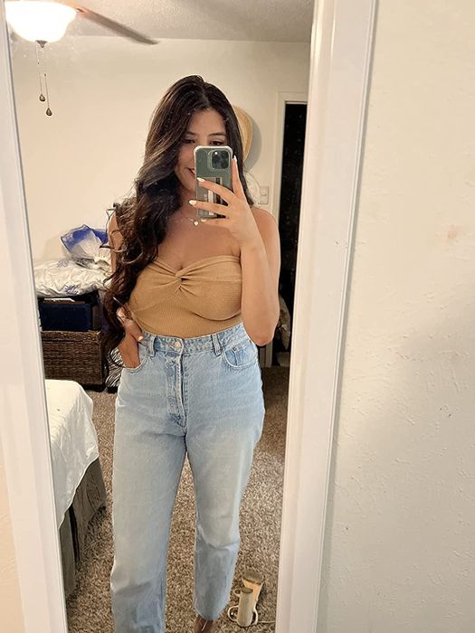 Reviewer wearing the top in tan.