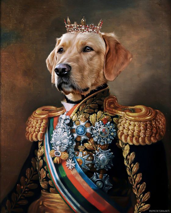 A portrait of a golden retriever dressed as a Renaissance-era prince.