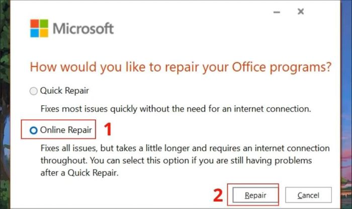 Chọn Repair để xử lý các file Excel có dung lượng quá lớn