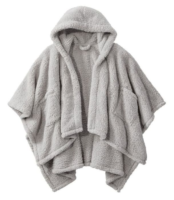 A photo showcasing a gray wearable sherpa blanket