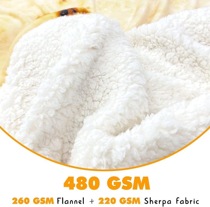 A picture of the sherpa blanket with the text reading