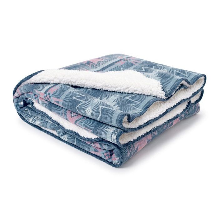 A photo showcasing the neatly folded blue sherpa blanket
