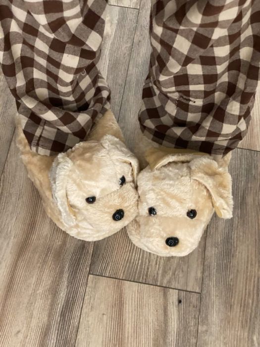 A reviewer is wearing Golden Retriever slippers paired with pajama pants.
