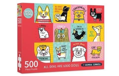 The jigsaw puzzle featuring squares illustrated with various dogs