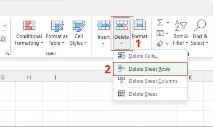 Chọn tùy chọn Delete Sheet Rows để khắc phục tình trạng Excel bị chậm.