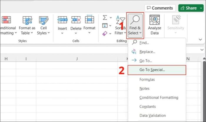 Vào mục Go to Special để xử lý file Excel có dung lượng quá lớn.