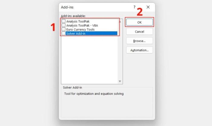 bỏ chọn tất cả mục trong danh sách Add-ins available để Excel hoạt động mượt mà hơn
