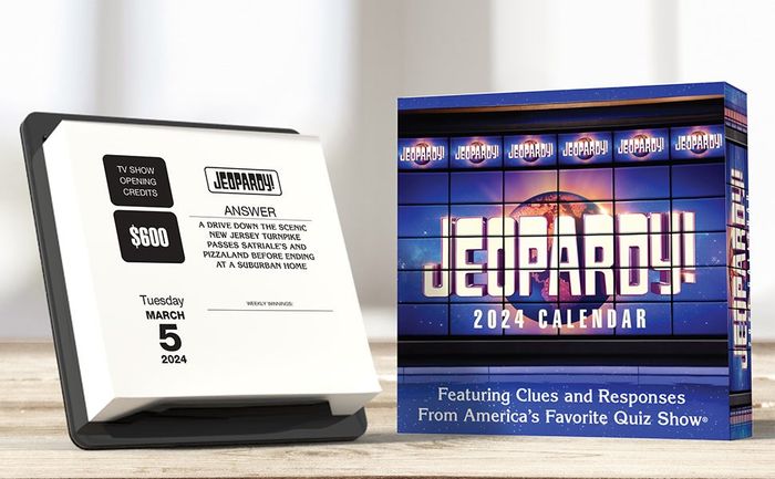 The page-a-day calendar showing a sample question about the opening credits of The Sopranos