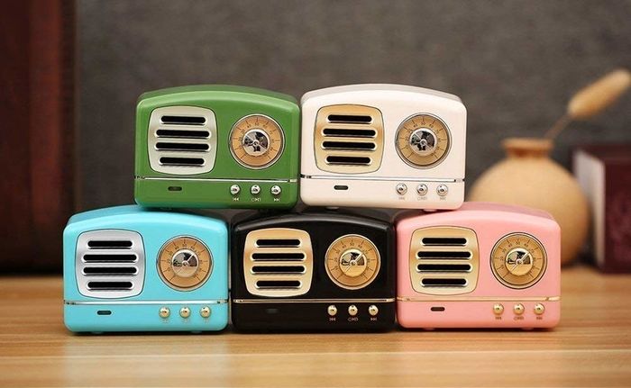 The mini vintage-style radios available in shades of green, white, blue, black, and pink