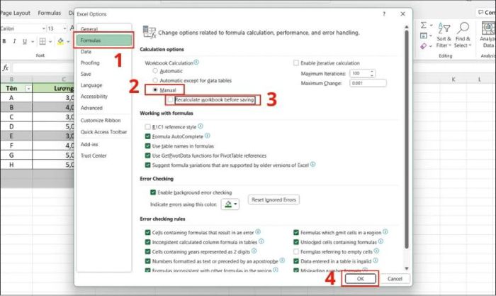 Bỏ chọn Recalculate Workbook Before Saving khi mở file Excel bị chậm.