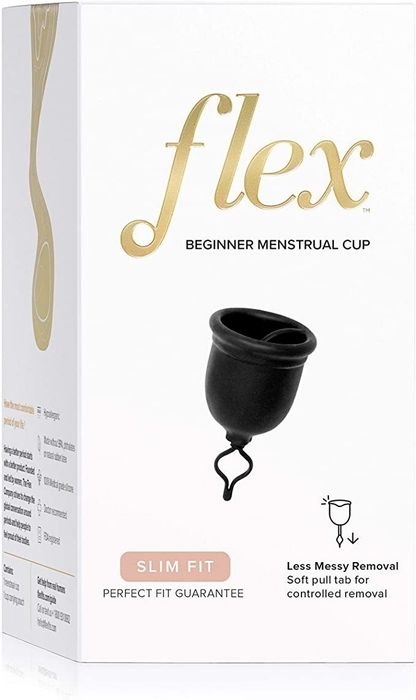 The box for the Flex Cup featuring an image of the small black cup with a pull tab.