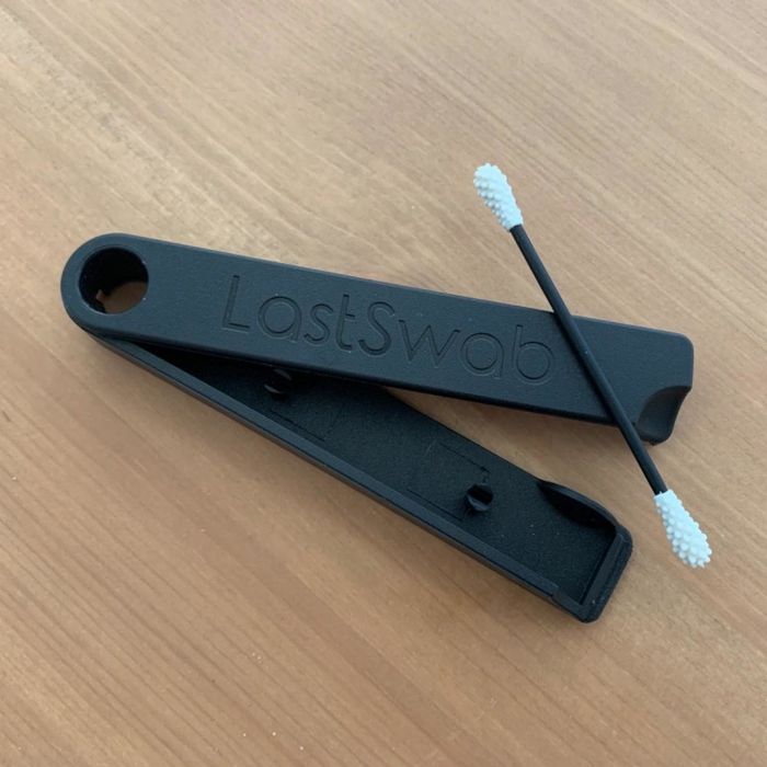 A photo from a reviewer showcasing the LastSwab along with its matching case.