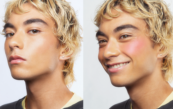 The model's transformation with pink blush applied, from before to after.