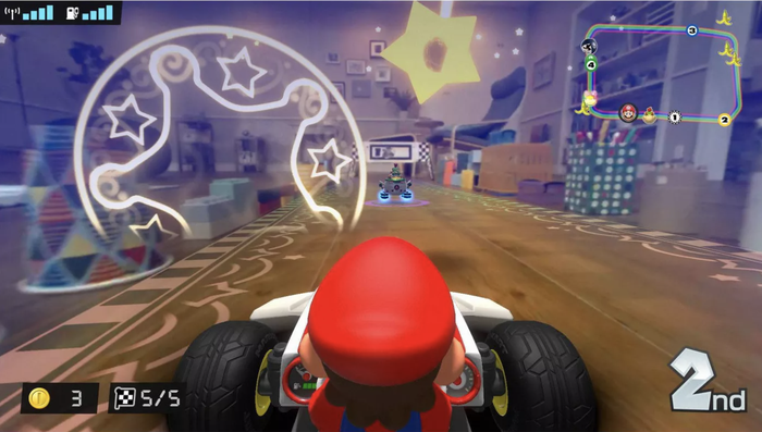 A screenshot showing what it looks like to race with your home as the background in the game.