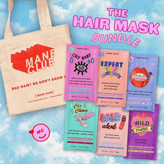 A vibrant set featuring six unique hair masks, paired with a tote bag for a practical touch.