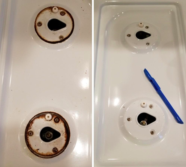 A reviewer demonstrates the transformation of stove burners covered in thick brown crust, which are completely clean after using the product.