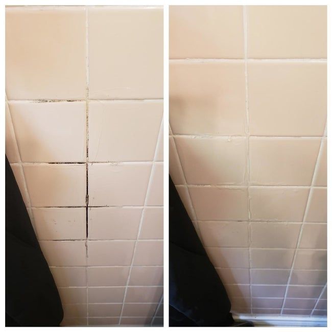 A reviewer's tile before and after the removal of black mold and grime from the grout lines.