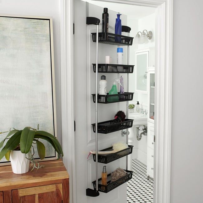 Black over-the-door organizer featuring six baskets