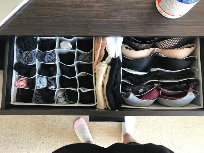 A reviewer’s photo showing a well-organized drawer with socks and underwear neatly arranged in an organizer.