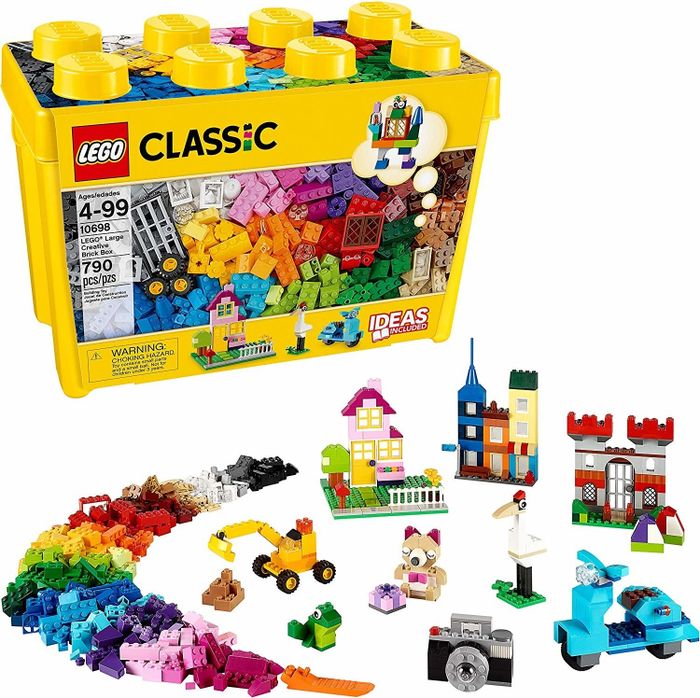 A large bin filled with 790 Lego pieces in various colors.