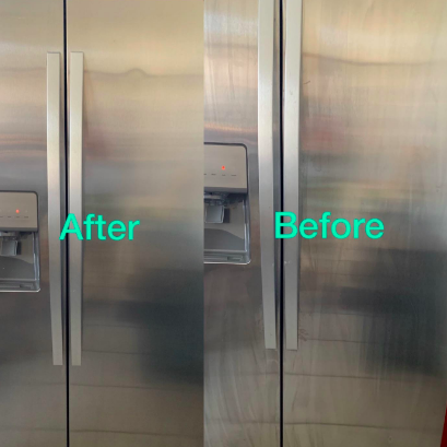 A reviewer’s refrigerator after using the cleaner — streak-free and shiny, compared to the before image showing fingerprints, cleaning streaks, and a dusty appearance.