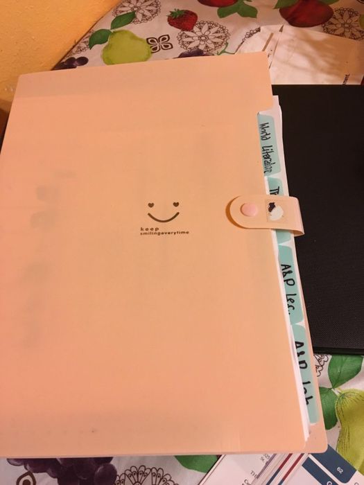 A light pink file folder with a cheerful smiley face and text