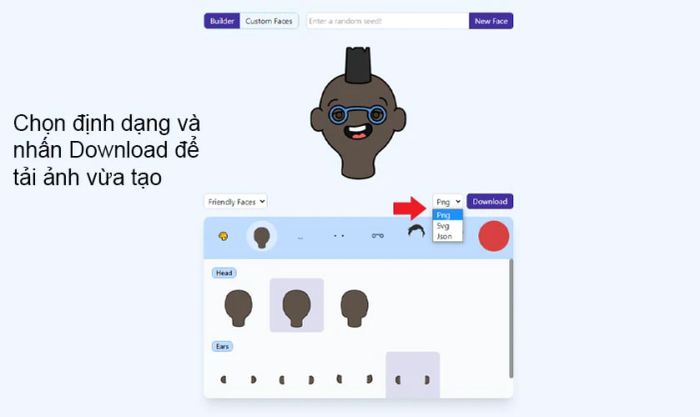 Chọn định dạng tải về cho ảnh đại diện vừa tạo, gồm PNG, SVG và JSON