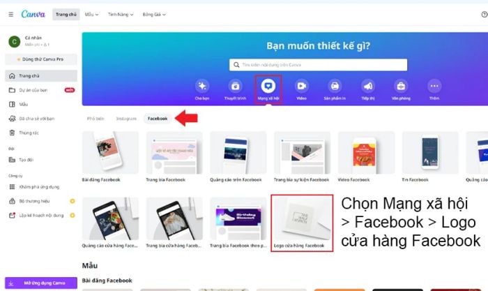 Chọn mục Mạng xã hội > Chọn tab Facebook > Logo cửa hàng Facebook