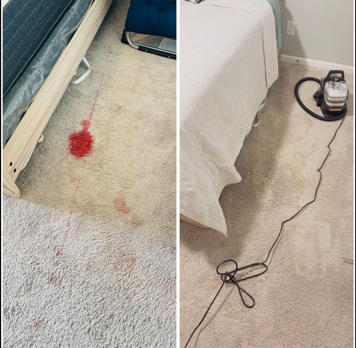 Two images: the first shows a carpet with red stains, the second shows the same carpet cleaned, with a vacuum cleaner placed beside it.