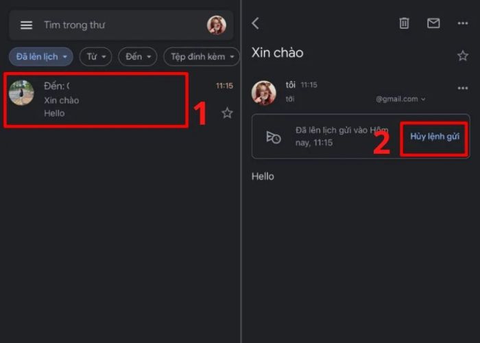 hủy lịch gửi mail trên điện thoại