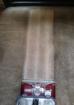 A reviewer using a vacuum and the carpet shampoo to lift dirt from their carpet.
