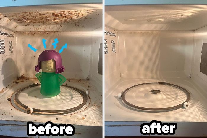 Microwave in a messy state, with a green cleaner figure placed inside the appliance.