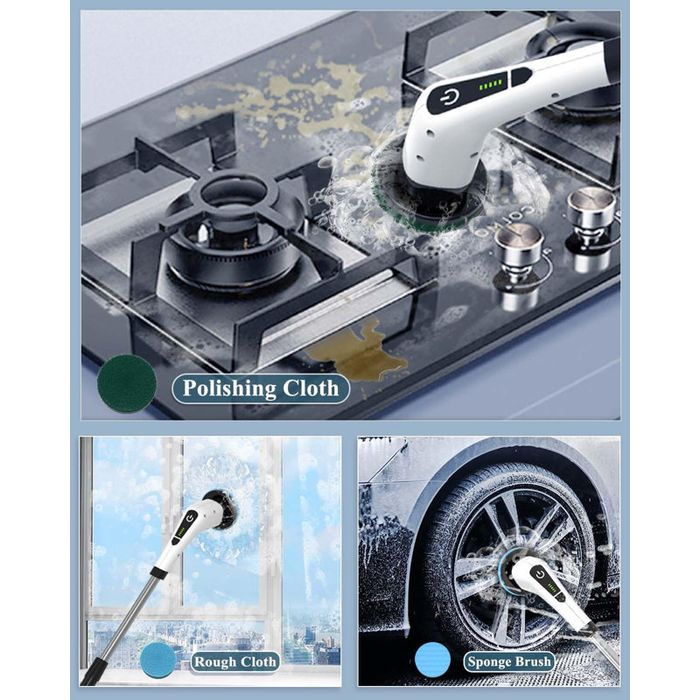 A cordless electric cleaning brush set is shown in action, polishing a stovetop, window, and car wheel with a variety of attachable brush heads and cloths.