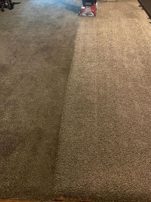 A carpet cleaning machine in action, clearly demarcating the cleaned area from the uncleaned section, demonstrating its efficiency.