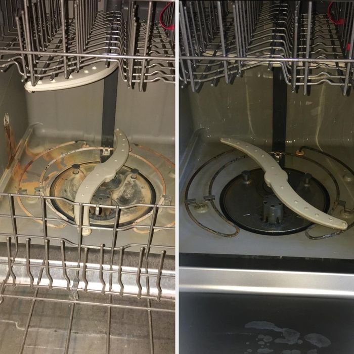 A side-by-side photo comparison showing the interior of a dishwasher before and after a deep clean, showcasing a dramatic improvement in cleanliness. Featured in a shopping article.
