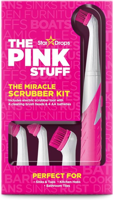 The Pink Stuff Miracle Scrubber Kit, featuring an electric scrubber, four brush heads, and four AA batteries. Ideal for sinks, taps, kitchen hobs, and tiles