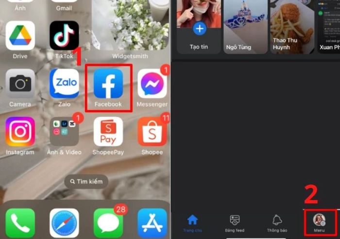 Nhấn vào tab Menu trên ứng dụng Facebook