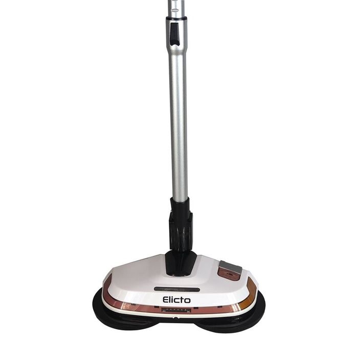 An electric floor scrubber with dual brushes and a handle, designed for efficient cleaning, showcased in a shopping article.