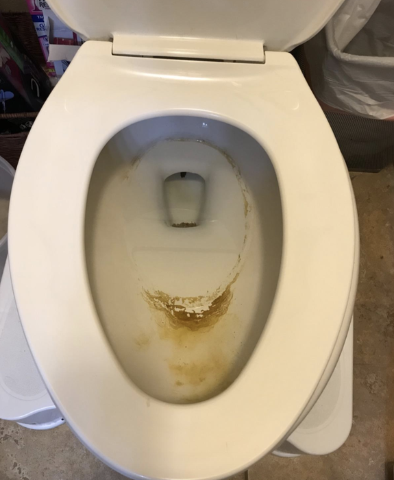 A before photo of a toilet stained with marks