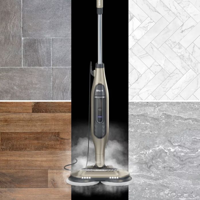 An image of a scrubbing steam mop overlaid on wood, tile, and marble floor textures.
