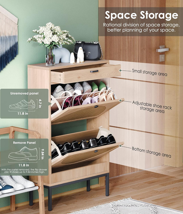 A diagram illustrating how various types of shoes fit perfectly inside the shoe rack organizer.