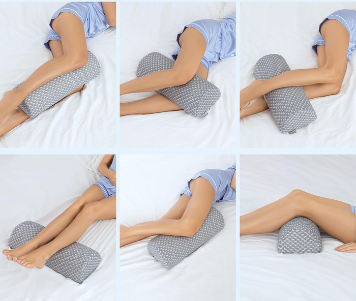 A collage showcasing a person using a grey patterned leg pillow in different sleeping positions for optimal support and comfort