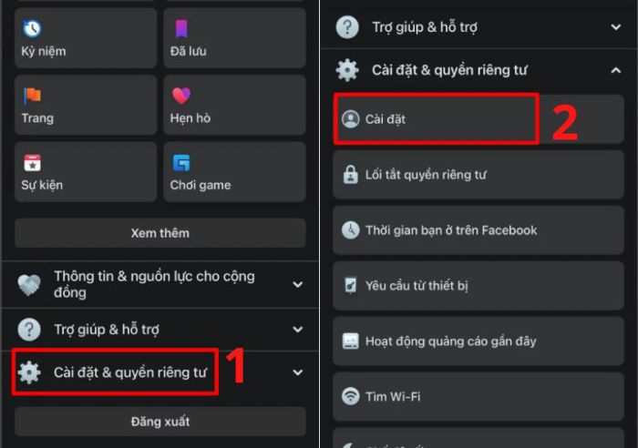 Truy cập vào mục Cài đặt trên Facebook