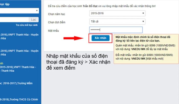 Phụ huynh cần nhập mật khẩu của số điện thoại đã đăng ký dịch vụ