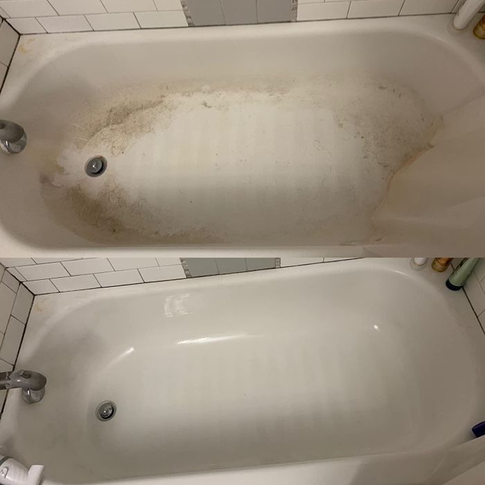 A reviewer's bathtub showing dirt and the same tub after it has been cleaned using the spin brush
