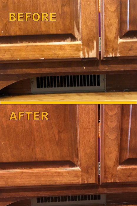 Before photo of a scratched, worn cabinet and after photo of the same cabinet appearing flawless after polishing