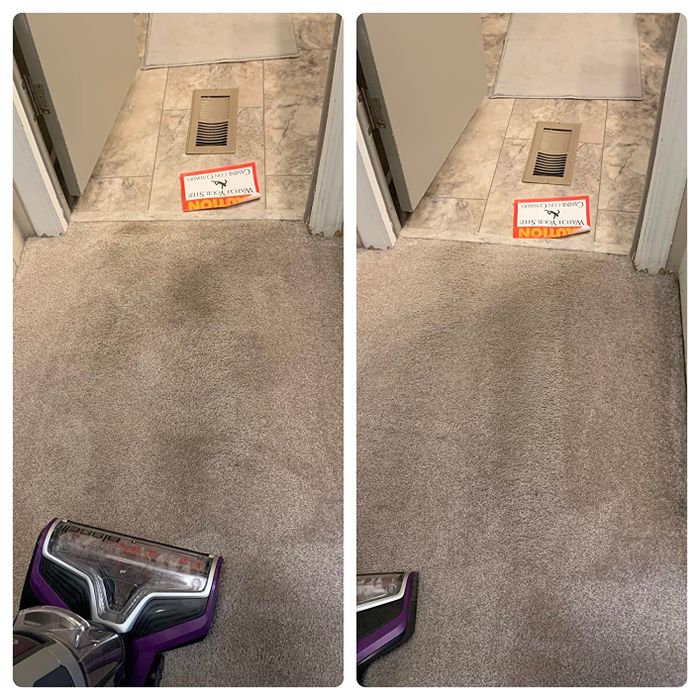 Side-by-side comparison of a carpet being vacuumed: the left shows a soiled carpet, while the right reveals the same carpet after cleaning.