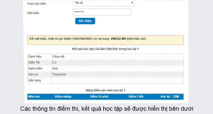 Thông tin kết quả học tập của học sinh sẽ được hiển thị dưới đây